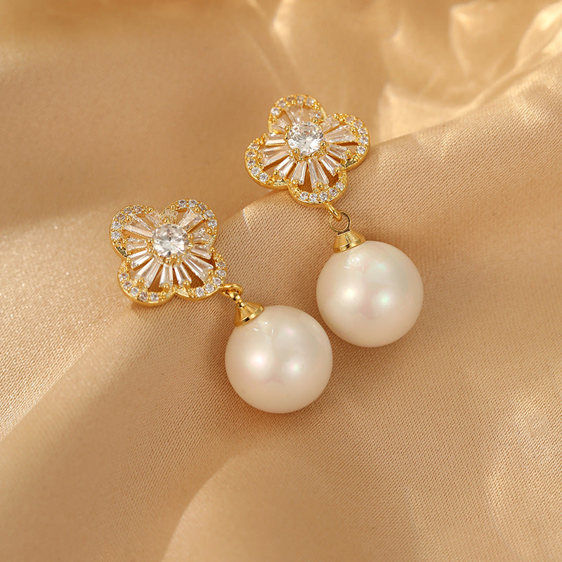 2024 S925 Silver Needle Four-Leaf Crocodile Zircon Pearl Earrings: New Fashionable Design