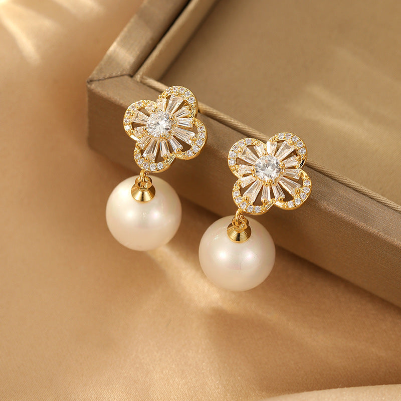 2024 S925 Silver Needle Four-Leaf Crocodile Zircon Pearl Earrings: New Fashionable Design