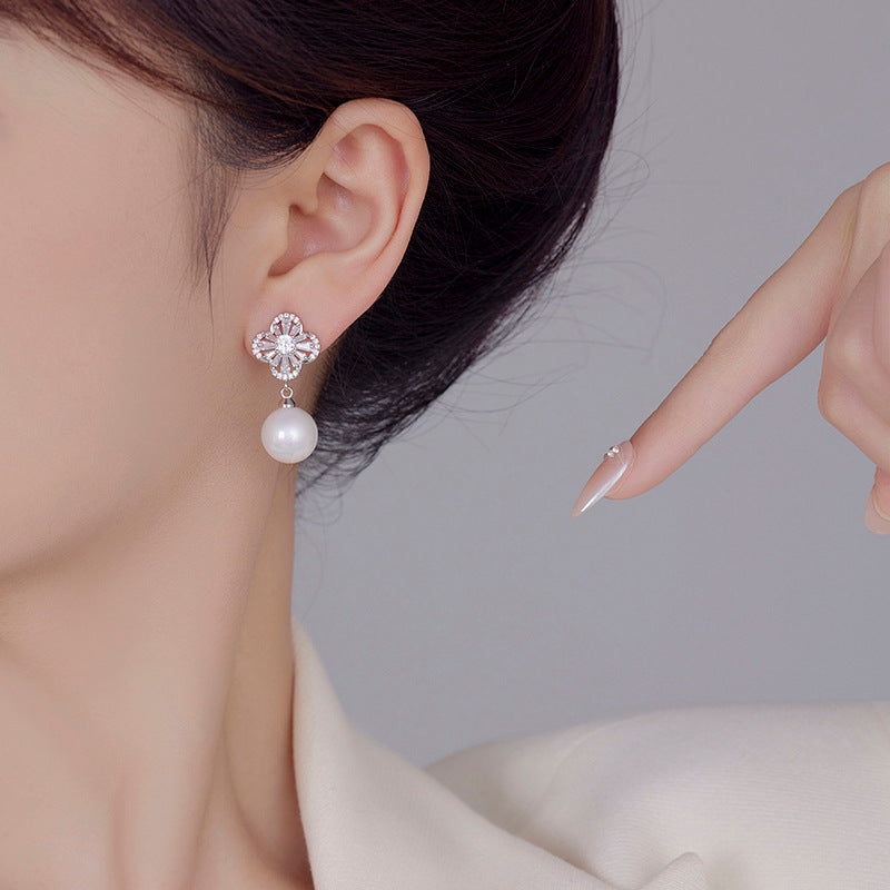 2024 S925 Silver Needle Four-Leaf Crocodile Zircon Pearl Earrings: New Fashionable Design