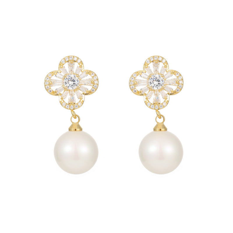 2024 S925 Silver Needle Four-Leaf Crocodile Zircon Pearl Earrings: New Fashionable Design