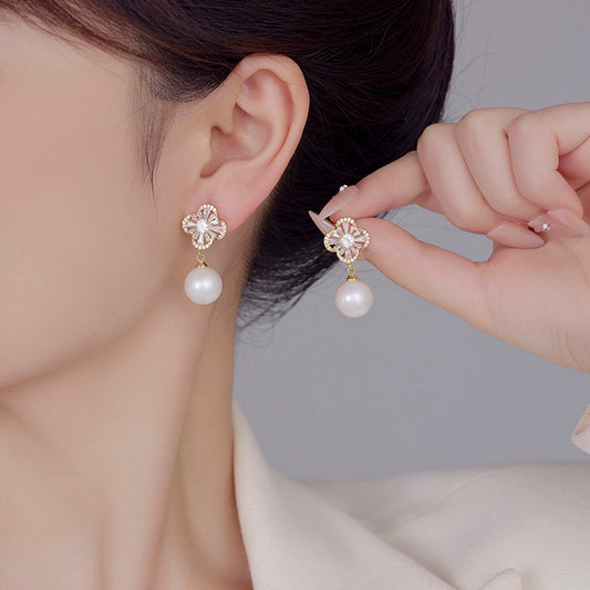 2024 S925 Silver Needle Four-Leaf Crocodile Zircon Pearl Earrings: New Fashionable Design