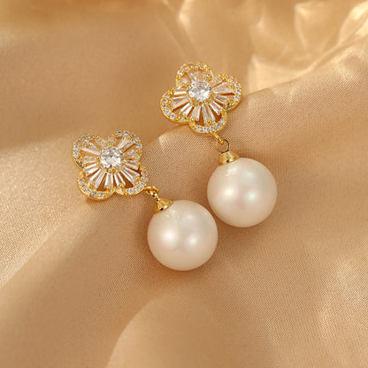 2024 S925 Silver Needle Four-Leaf Crocodile Zircon Pearl Earrings: New Fashionable Design
