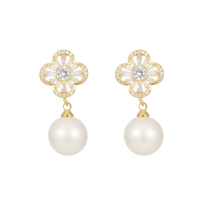 2024 S925 Silver Needle Four-Leaf Crocodile Zircon Pearl Earrings: New Fashionable Design
